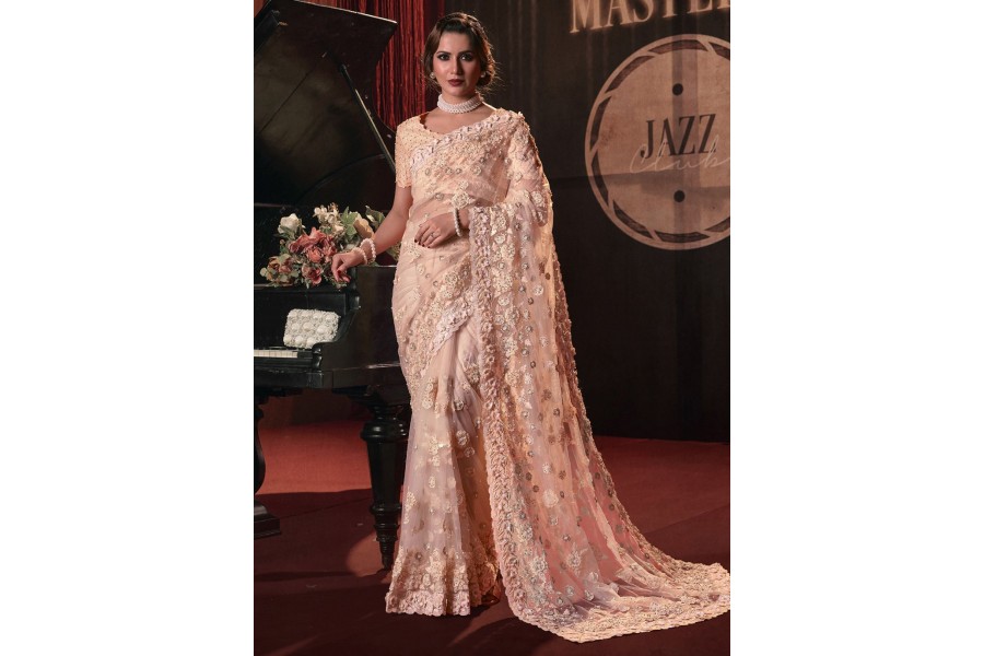 Peach Metallic Sequin Embellished Net Saree With Pleated Border