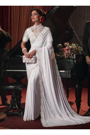 Imported Crystal mirror heavy Saree in White Color 6810