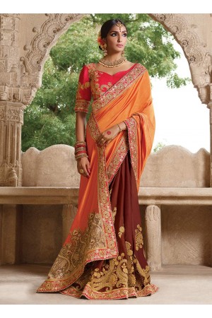 Party wear brown n orange half n half saree 1957