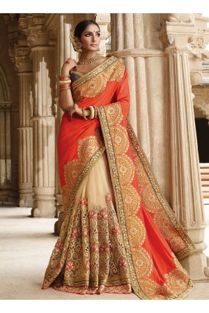 Party wear cream n orange half n half saree 1959