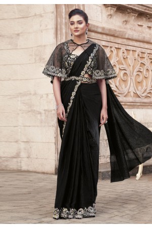 Black satin silk designer saree 25318