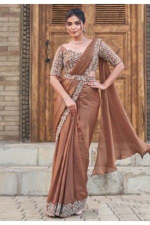 Brown satin silk saree with blouse 25312