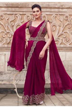 Magenta satin silk plain saree with designer blouse 25308