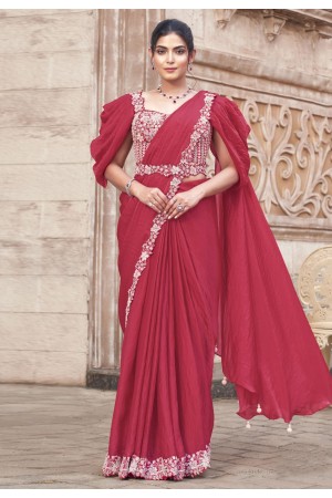 Magenta satin silk plain saree with designer blouse 25313