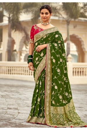Mehndi silk saree with blouse 1504