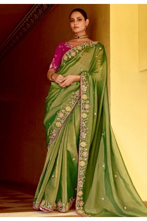Pista green tissue saree with blouse 5411