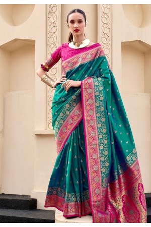 Sea green banarasi silk saree with blouse 860008