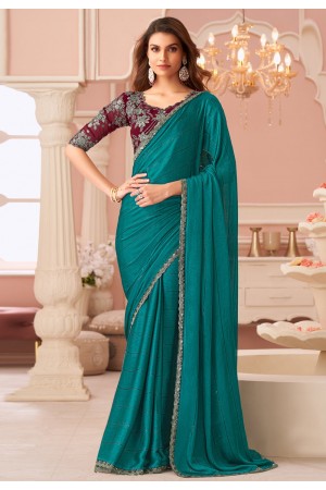 Sea green satin saree with blouse 8014
