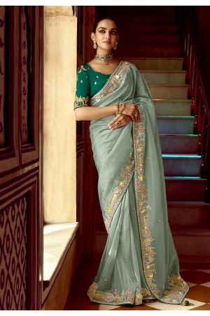 Sea green tissue saree with blouse 5406