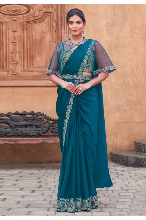 Teal crepe designer saree 25311