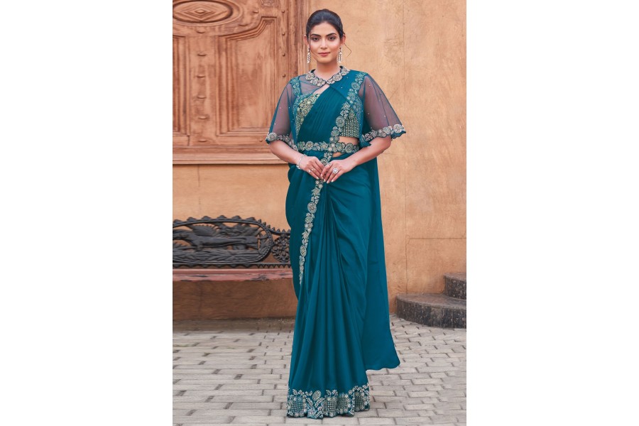 Teal Blue Stripe Crepe Silk Readymade/Easy Saree