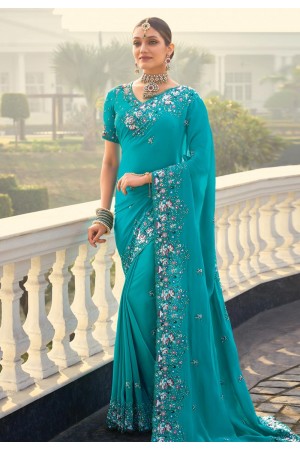 Teal crepe saree with blouse 7805