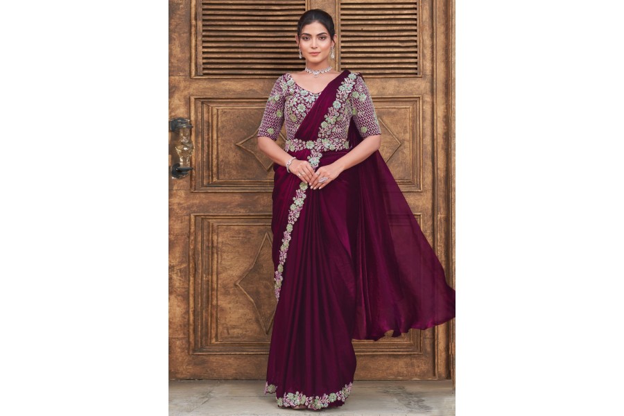Woven Wine Silk Blend Partywear Saree main image 0