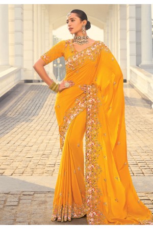 Yellow crepe saree with blouse 7802