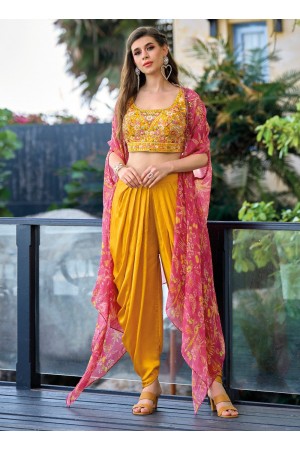 Yellow Pink satin readymade dhoti set cape suit 1134