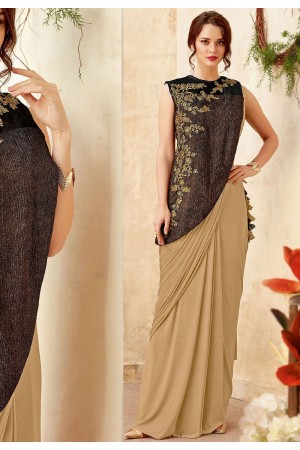 Beige and black designer party wear Saree