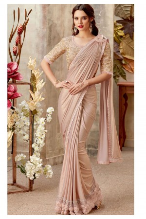 Blush lycra designer party wear Saree