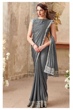 Grey color lycra designer party wear saree