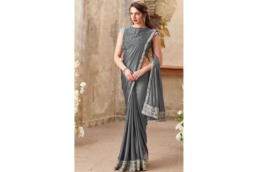 Grey Ready To Wear Lycra Ombre Saree With Crystal Embroidered Blouse