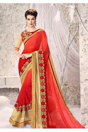 Party-wear-Tomato-Red-Gold-color-saree