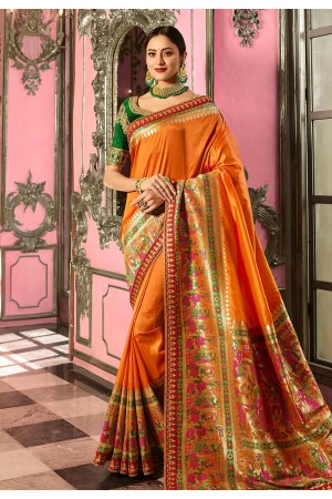 Mustard yellow and green Indian wedding Silk Saree