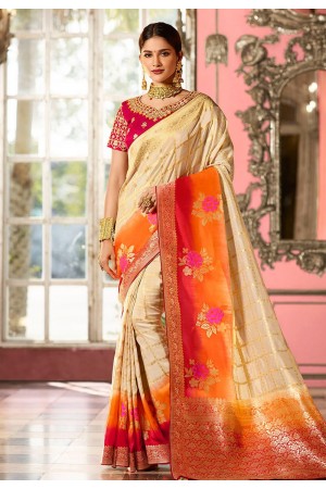 Off white and red Indian Wedding silk saree