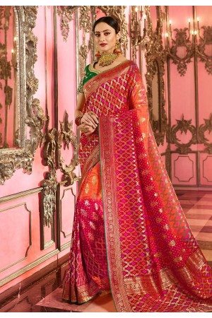 Red and peach Indian wedding silk Saree