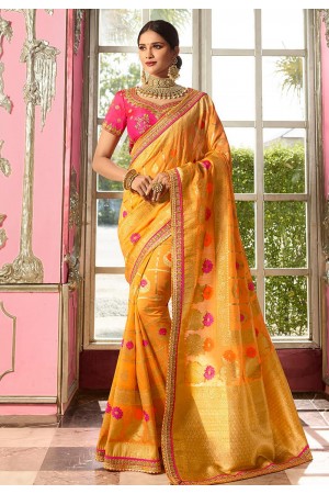 Yellow and pink Indian wedding silk Saree