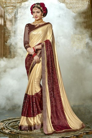 Cream Maroon Chinese Imported Fabric party wear saree 60757