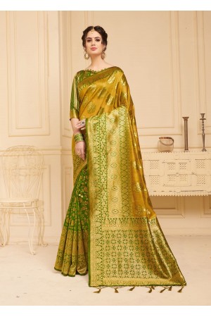 Golden Green Linen Silk party wear saree 60492