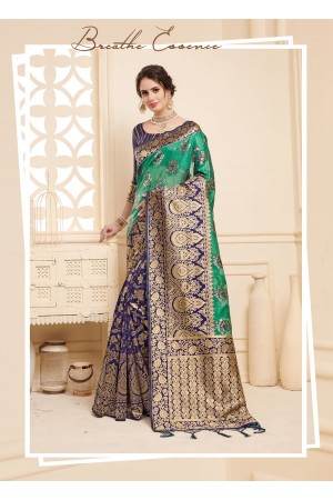 Green Blue Linen Silk party wear saree 60493