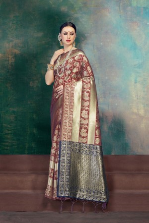 Maroon Navy Blue Banarasi Silk party wear saree 59946