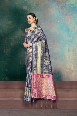 Navy Blue Pink Banarasi Silk party wear saree 59945