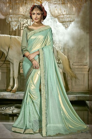 Two Tone Aqua Chinese Imported Fabric party wear saree 60753