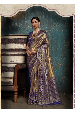 Two Tone Gold Blue Kanchipuram Silk party wear saree 58075