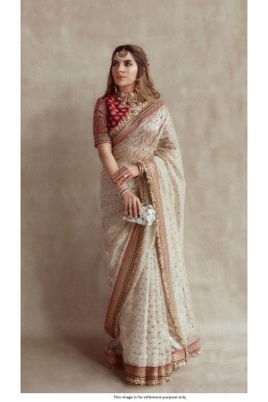 Bollywood Sabyasachi inspired beige and red silk based wedding saree