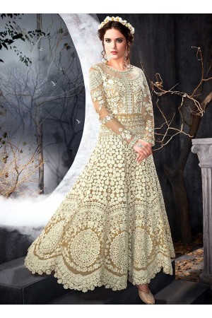 Beige color net party wear anarkali kameez