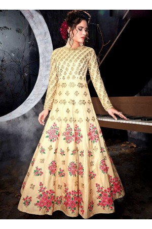 Cream color silk party wear anarkali kameez