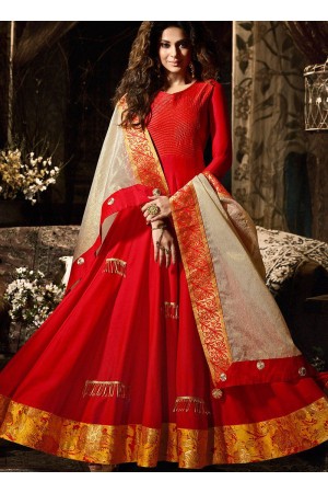 Jennifer Winget red slub satin anarkali