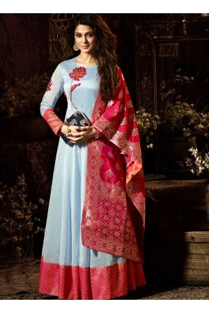 Jennifer Winget Sky blue and red chanderi silk anarkali