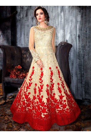 White and red color party wear anarkali kameez