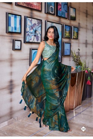 Green 3D Velvet designer saree with blouse 103