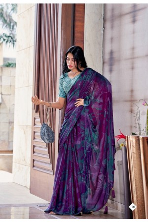 Purple 3D Velvet designer saree with blouse 101