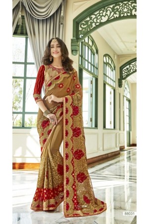 Beige Red georgette embroidered party wear saree 88031