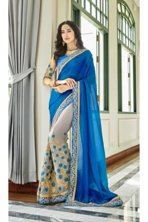 Blue georgette embroidered party wear saree 88030