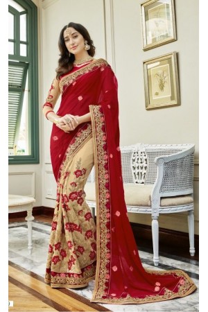 Red georgette embroidered party wear saree 88029