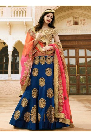 blue art dupion silk wedding lehenga 13051