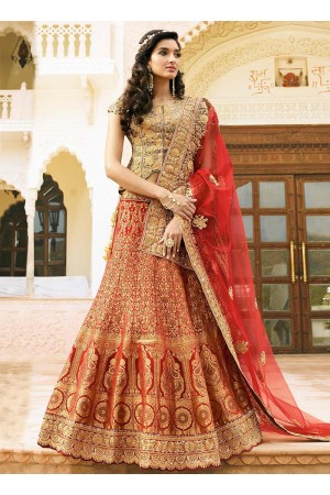 red art dupion silk wedding lehenga 13050