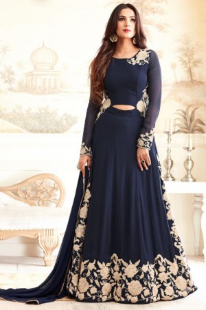 sonal chauhan georgette navy blue party wear anarkali 4603