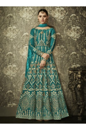 Teal color silk Indian wedding wear anarkali 1002